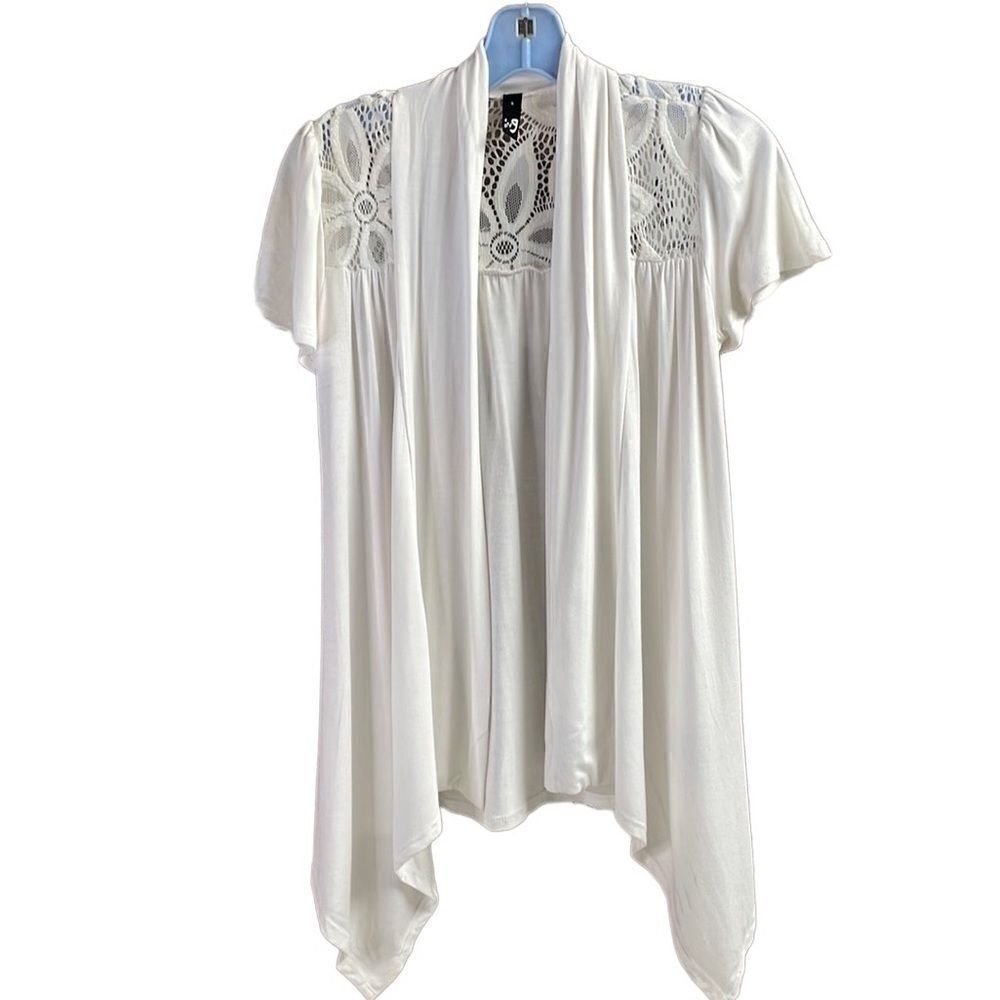 ING Ladies White Lace Trim Rayon Short Sleeve Asymmetrical Cardigan Size Small